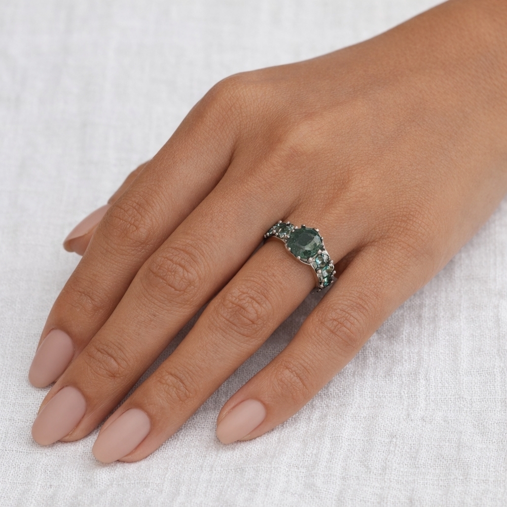 Sterling Silver 925 Ring Women's 5 Green Moss Agate Diamonds Floral Setting Gift